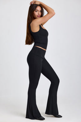 Calças largas dobráveis ​​de cintura média Modal com nervuras Petite em preto