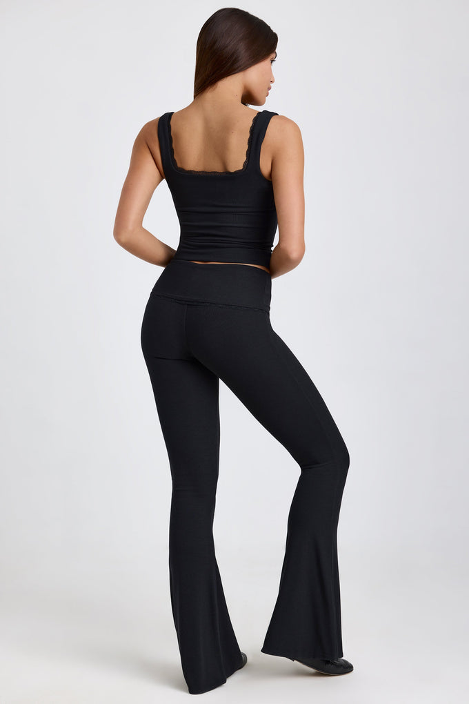 Ribbed Modal Mid-Rise Foldover Flared Trousers in Black