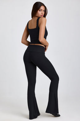 Tall Ribbed Modal Mid-Rise Foldover Flared Trousers in Black