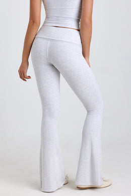 Tall Ribbed Modal Mid-Rise Foldover Flared Trousers in Grey