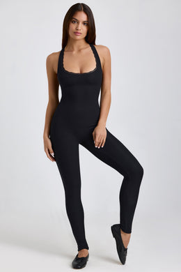 Tall Ribbed Modal Lace-Trim Jumpsuit in Black