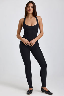 Tall Ribbed Modal Lace-Trim Jumpsuit in Black