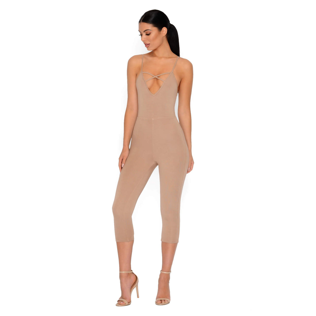 Strap It Together Double Layered Cropped Jumpsuit in Tan