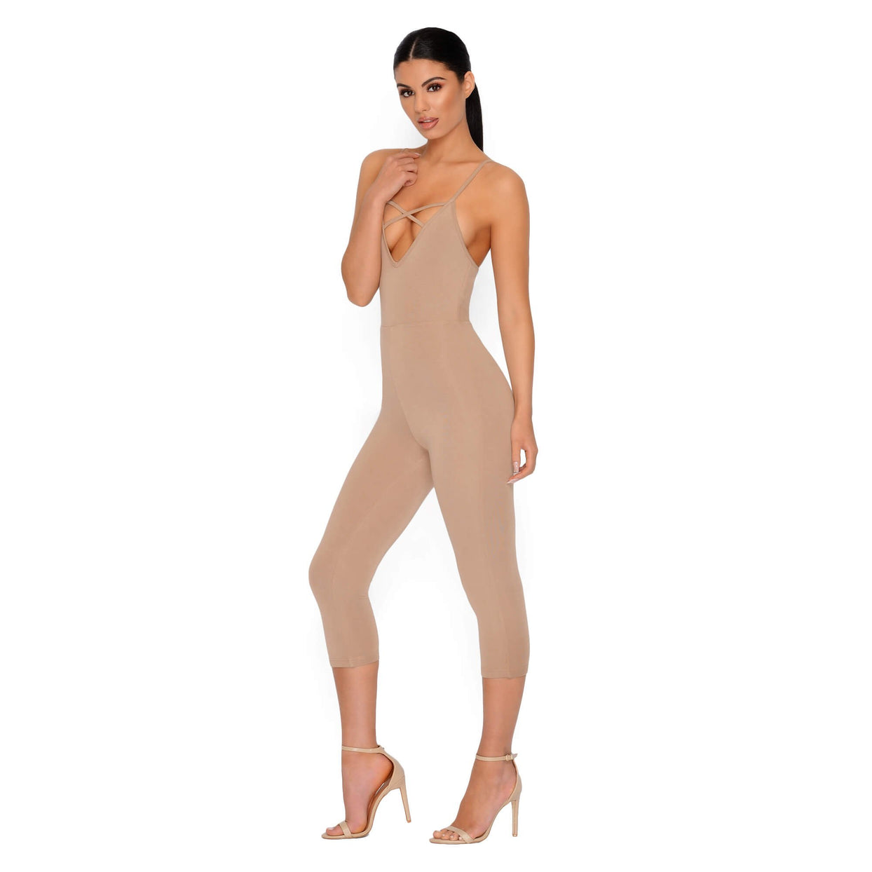 Strap It Together Double Layered Cropped Jumpsuit in Tan