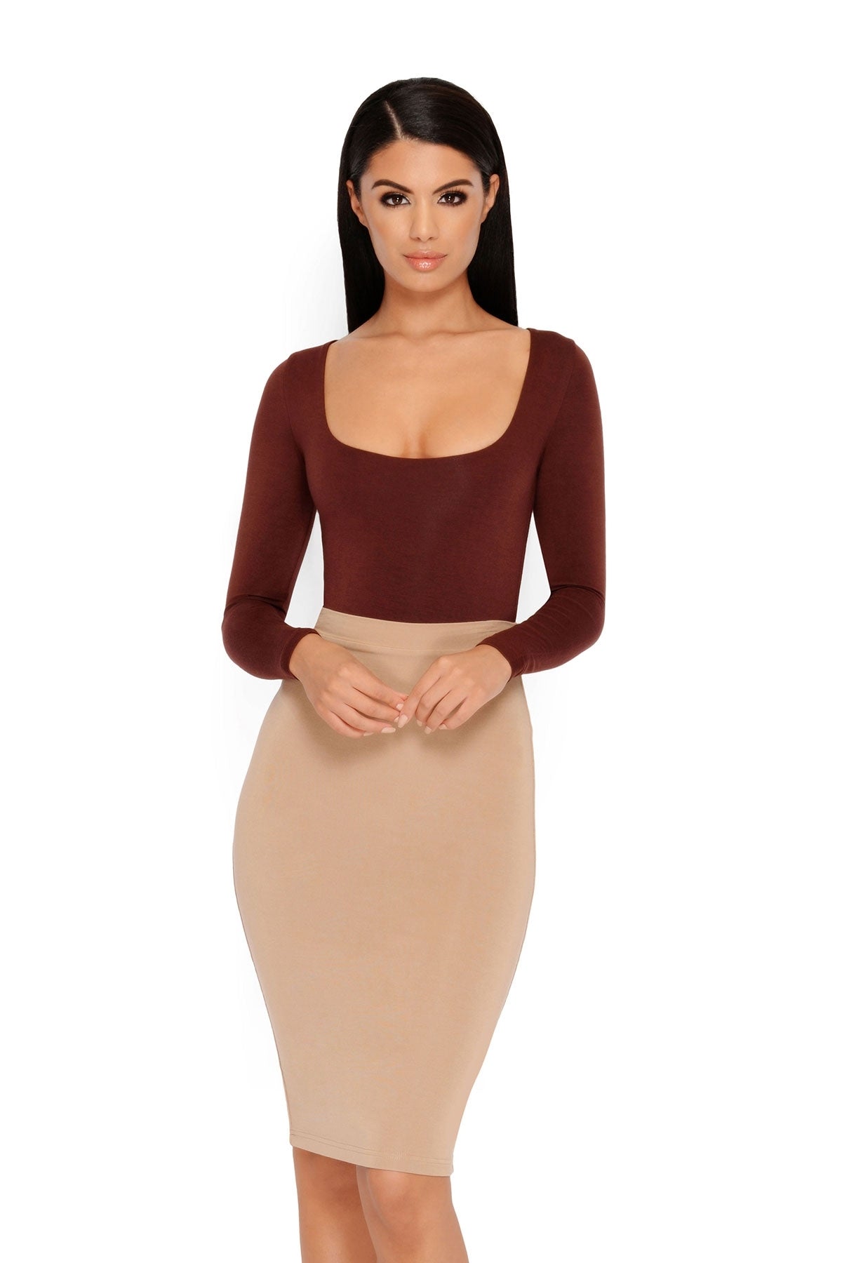 Number 1 Fit Double Layered Midi Skirt in Tan