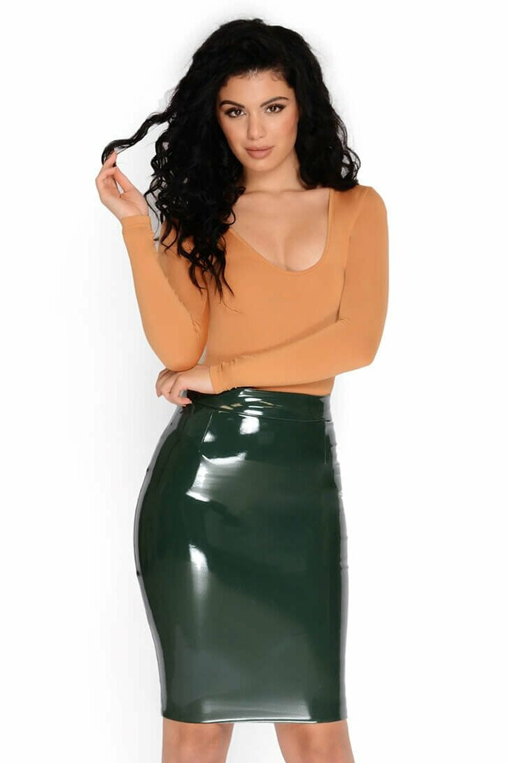 Smooth Talker Vinyl High Waisted Knee Length Skirt in Dark Green