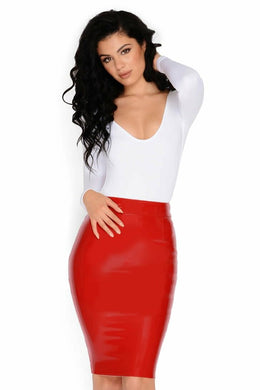 Smooth Talker Vinyl High Waisted Knee Length Skirt in Red