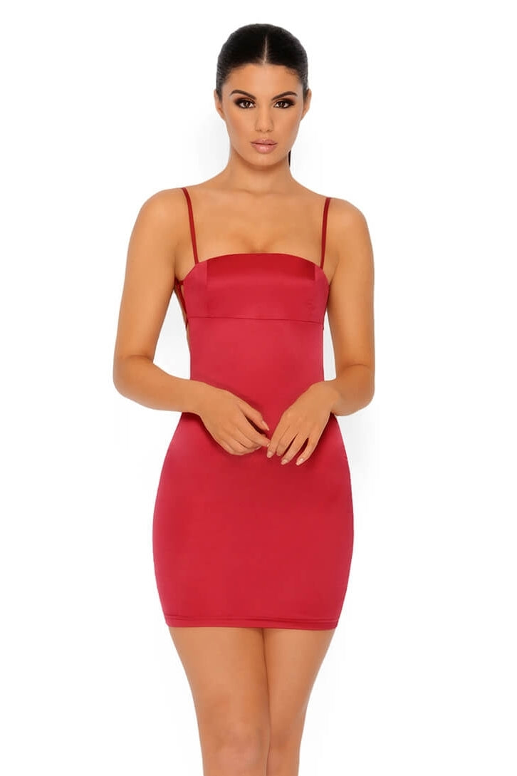 Cutting Shapes Satin Mini Dress in Berry Red