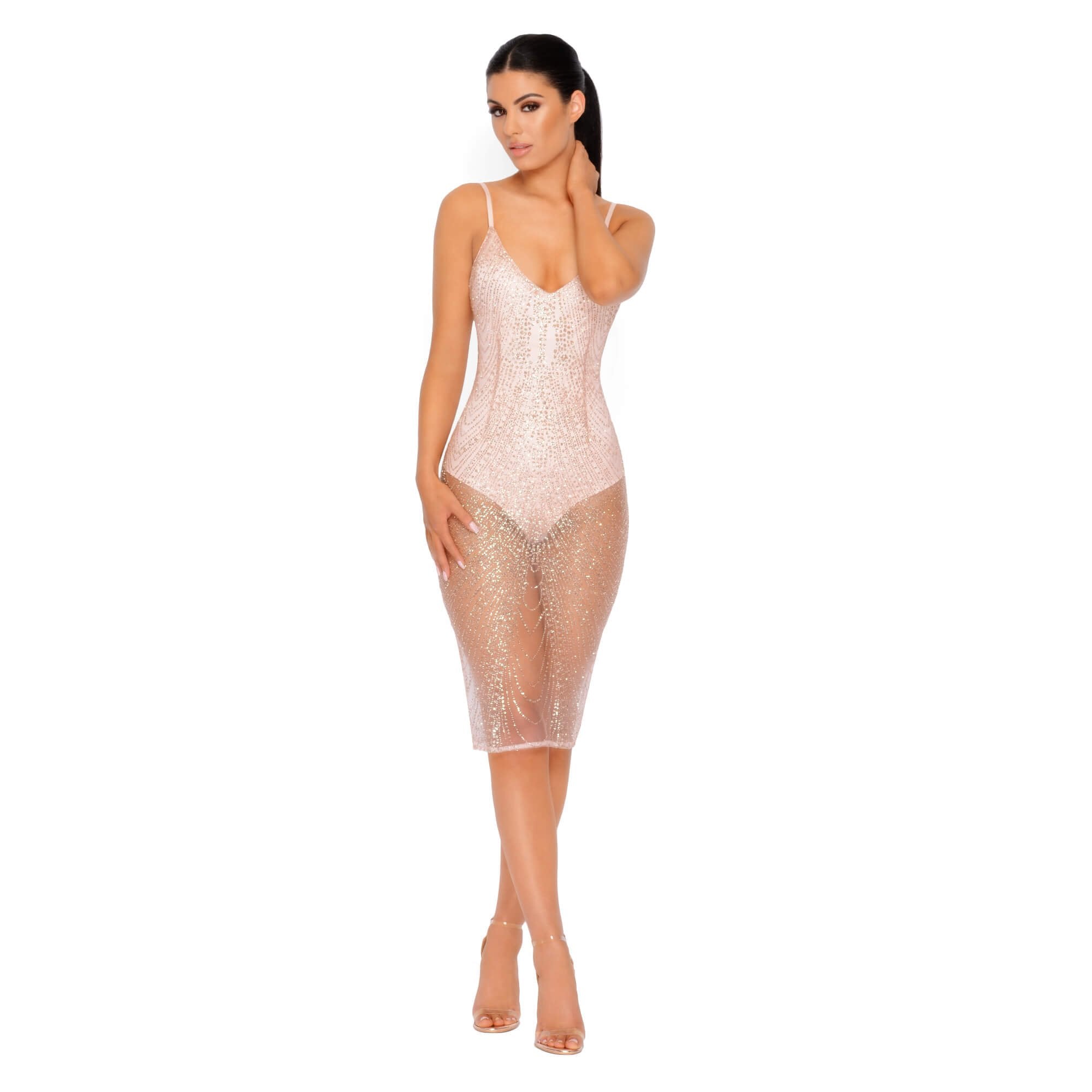 See Thru You Vestido Midi Transparente Embelezado em Ouro Rosa