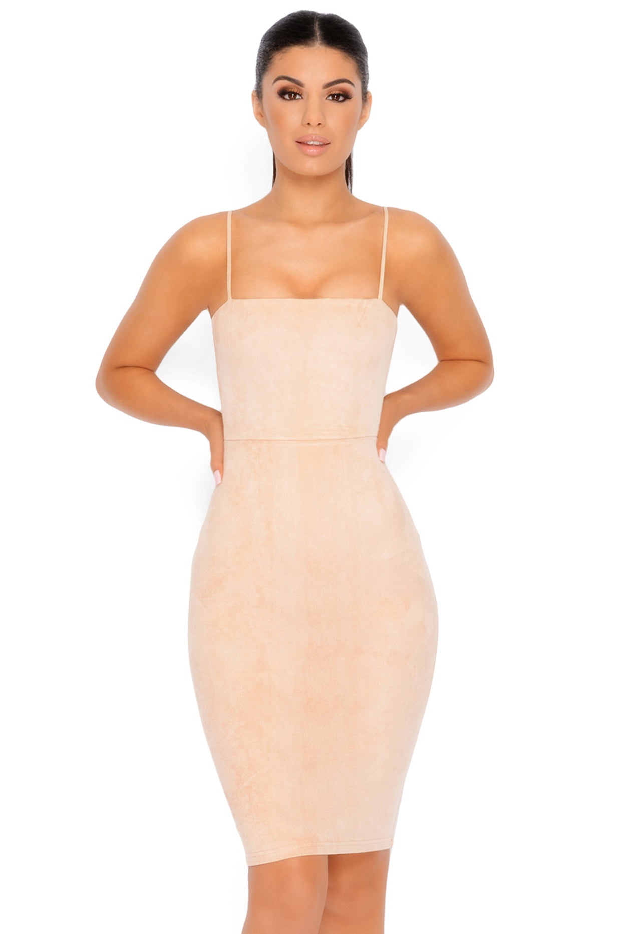 Throwing Suede Strappy Knee Length Dress in Camel