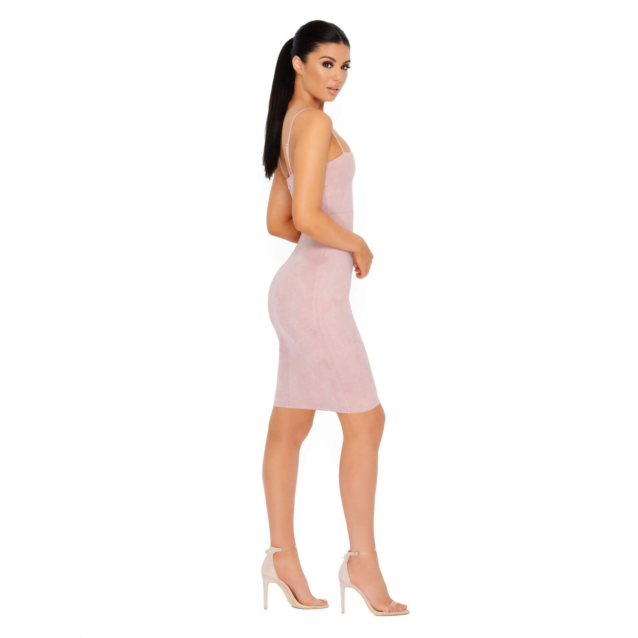 Throwing Suede Strappy Knee Length Dress in Mauve