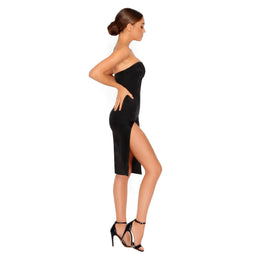Pure And Simple Thigh Split Satin Bandeau Dress in Black