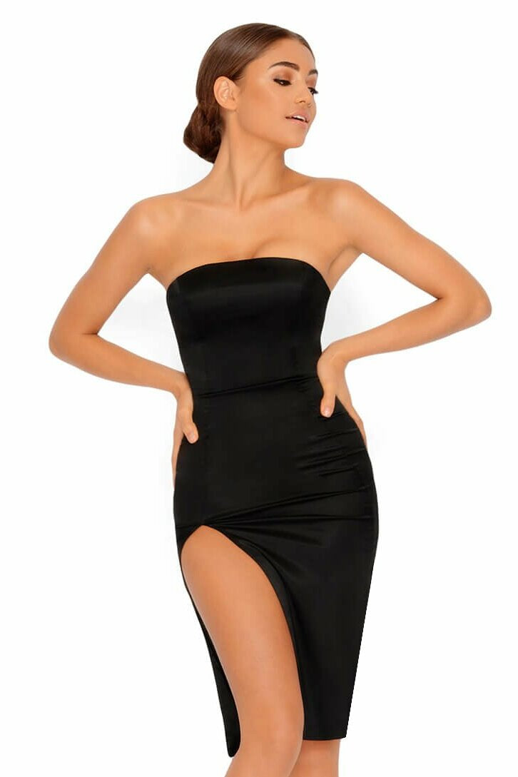 Pure And Simple Thigh Split Satin Bandeau Dress in Black