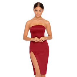Pure And Simple Thigh Split Satin Bandeau Dress in Wine