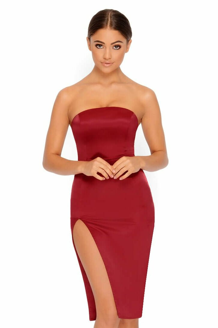 Pure And Simple Thigh Split Satin Bandeau Dress in Wine