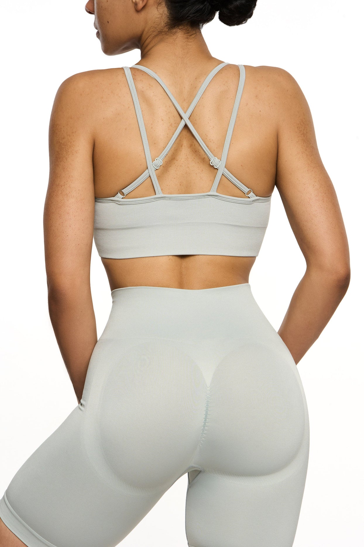 Back view of Seamless Strappy Sports Bra in Grey