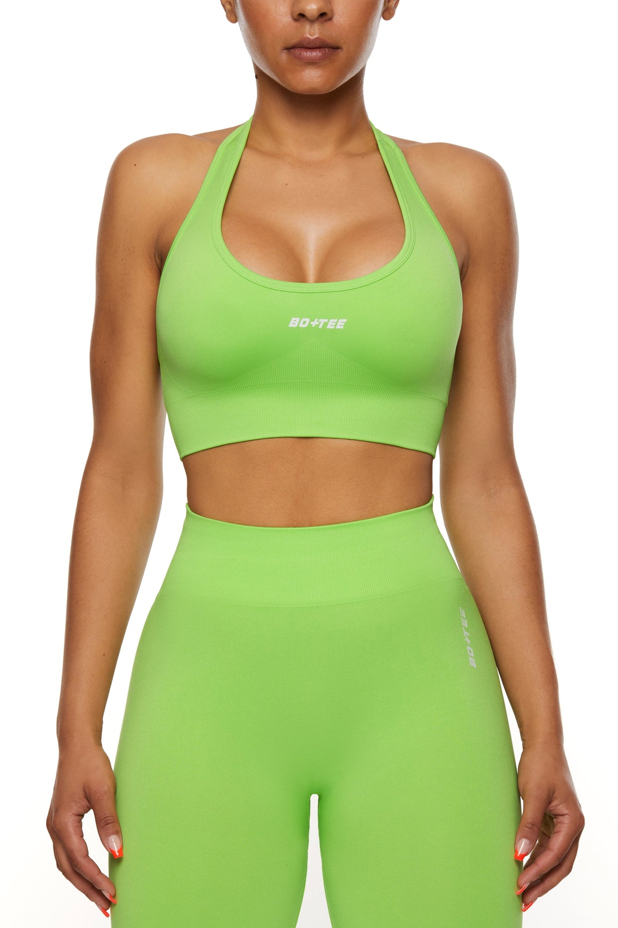Halter Neck Sports Bra in Green with matching Seamless leggings
