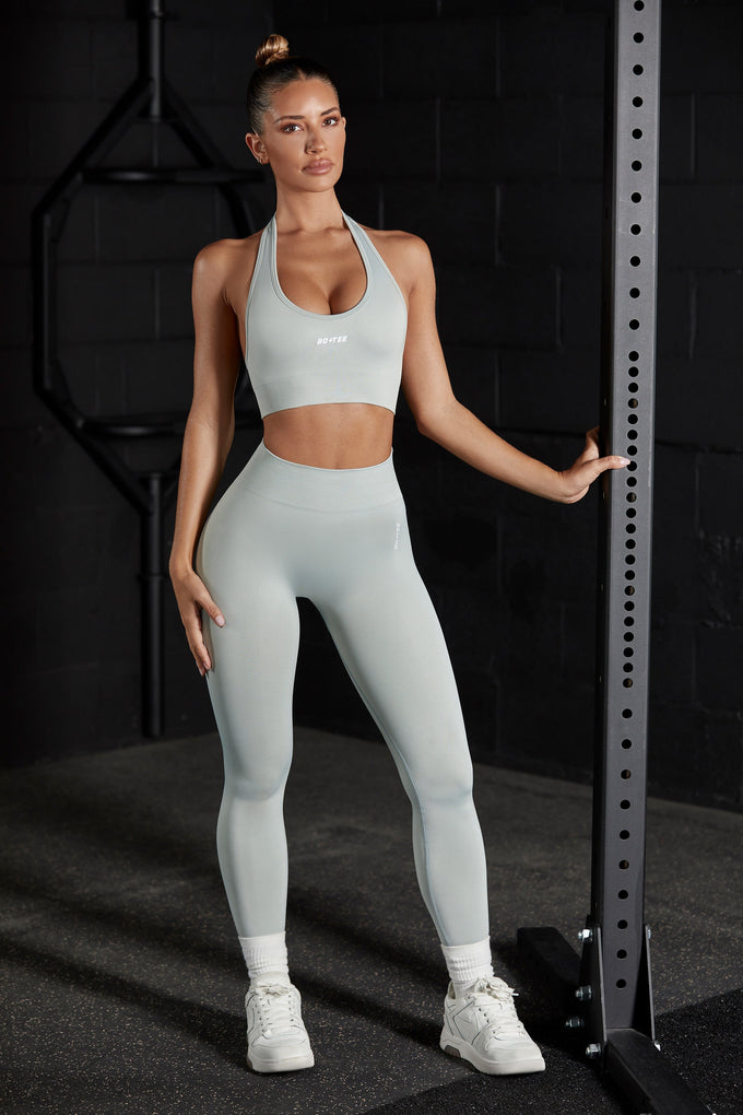 Front view of grey high waisted leggings