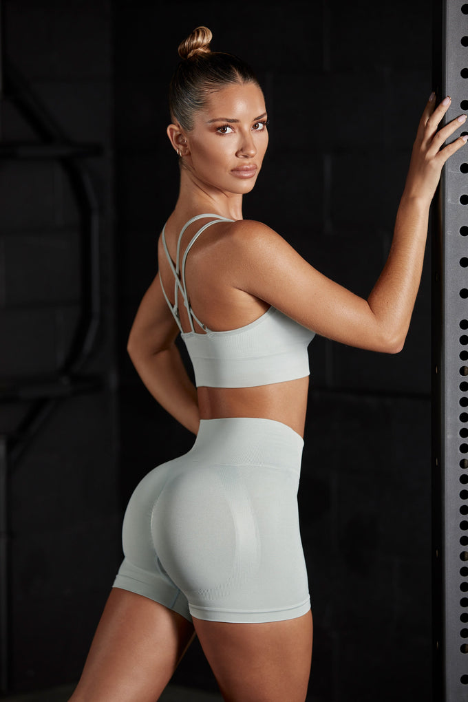 Side view of Seamless High Waist Mini Shorts in Grey