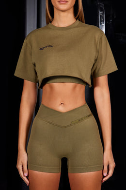 High Waist Cross Over Ribbed Mini Shorts in Olive