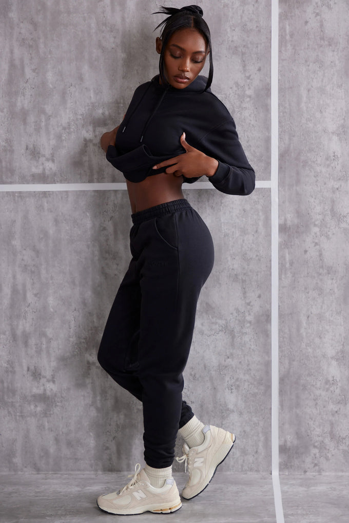 High Waist Cuffed Joggers in Washed Black