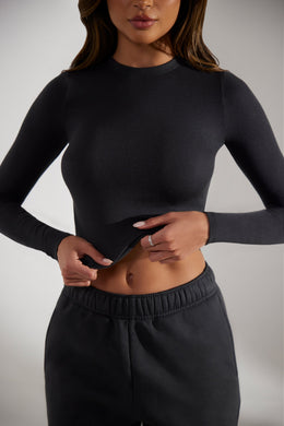Soft Rib Long Sleeve Top in Washed Black
