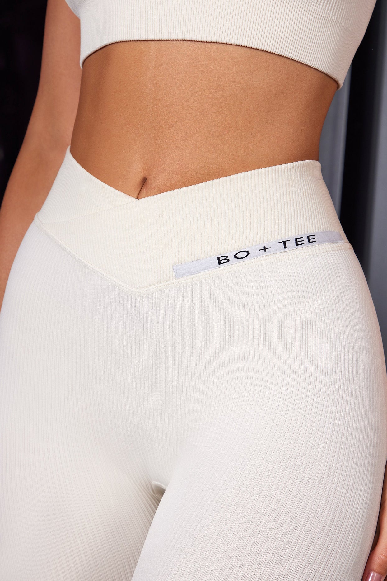 In Control High Waist Cross Over Ribbed Leggings in Ivory