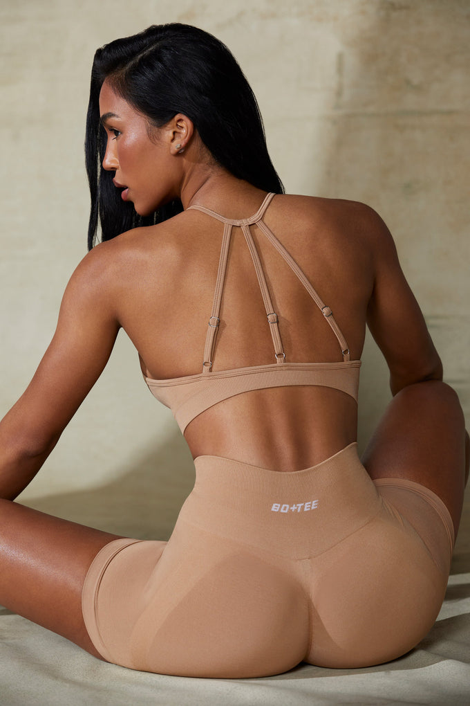 High Neck Open Back Define Luxe Sports Bra in Warm Taupe
