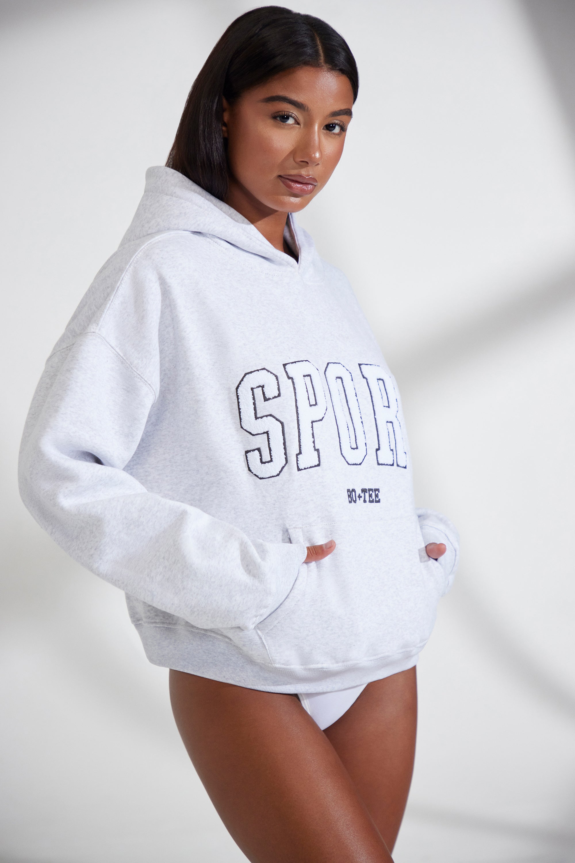 Varsity Oversized Hooded Sweatshirt in Heather Grey Oh Polly