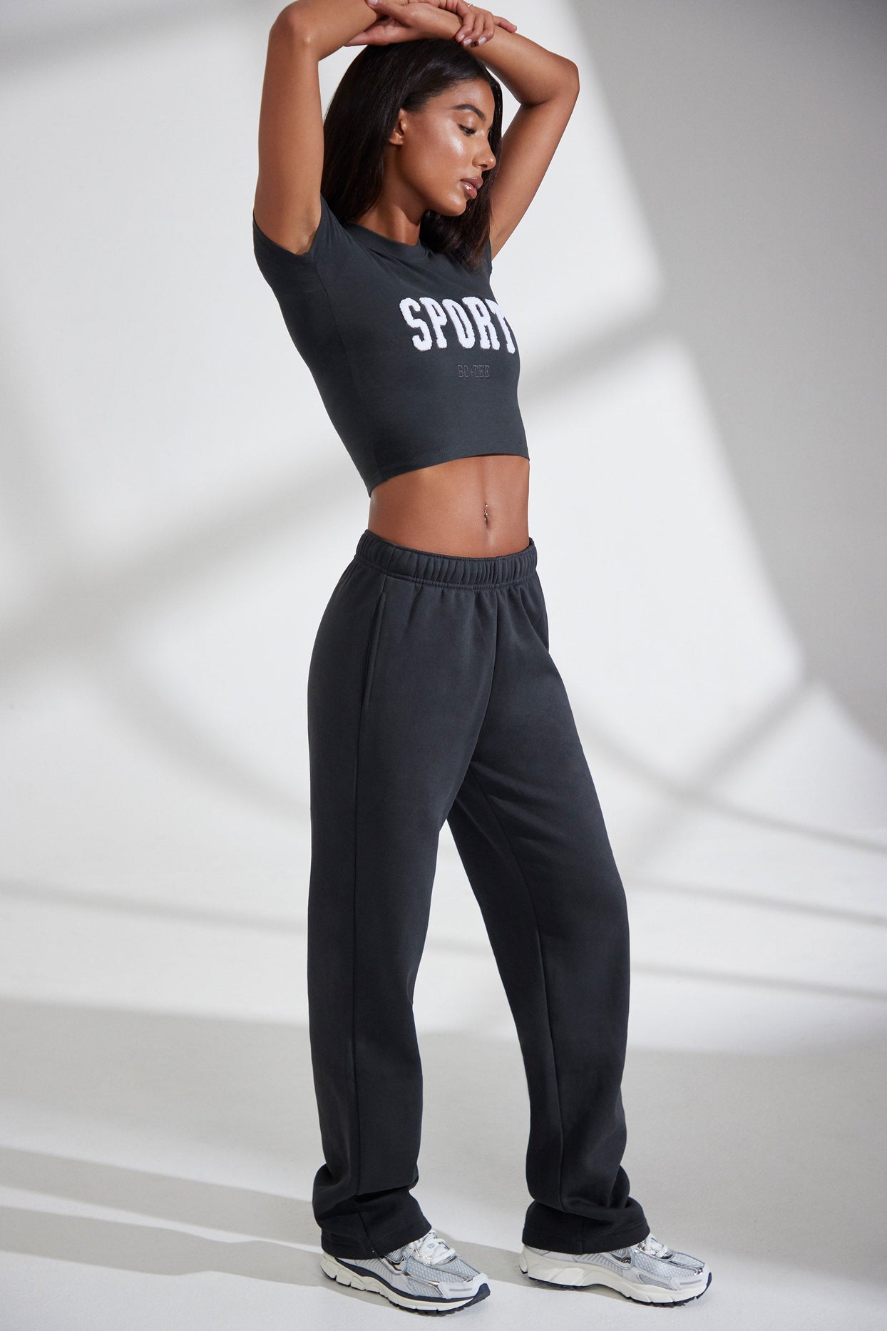 Petite Wide Leg Embroidered Back Joggers in Black