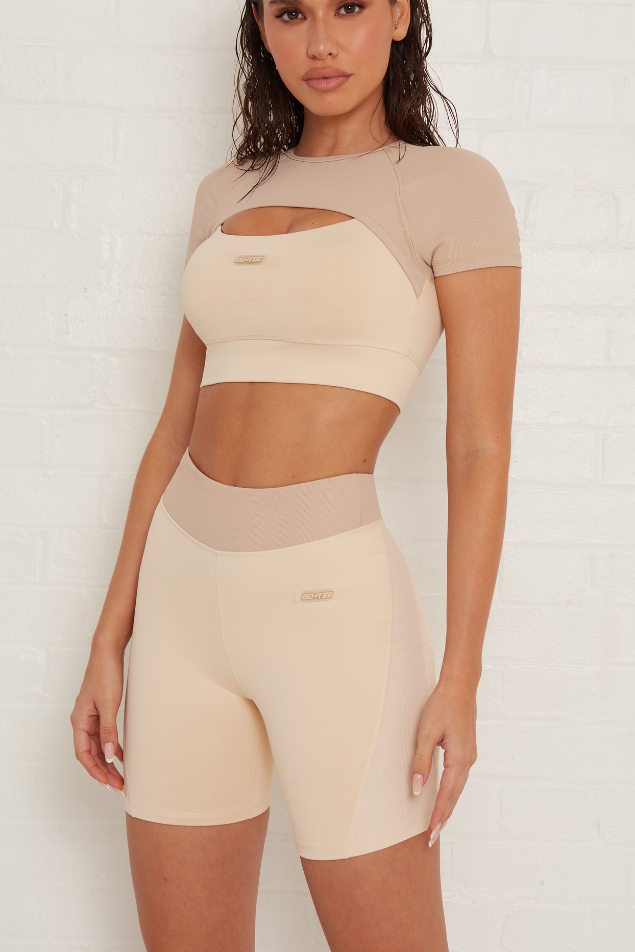 Contrast Waist Cycle Shorts in Beige
