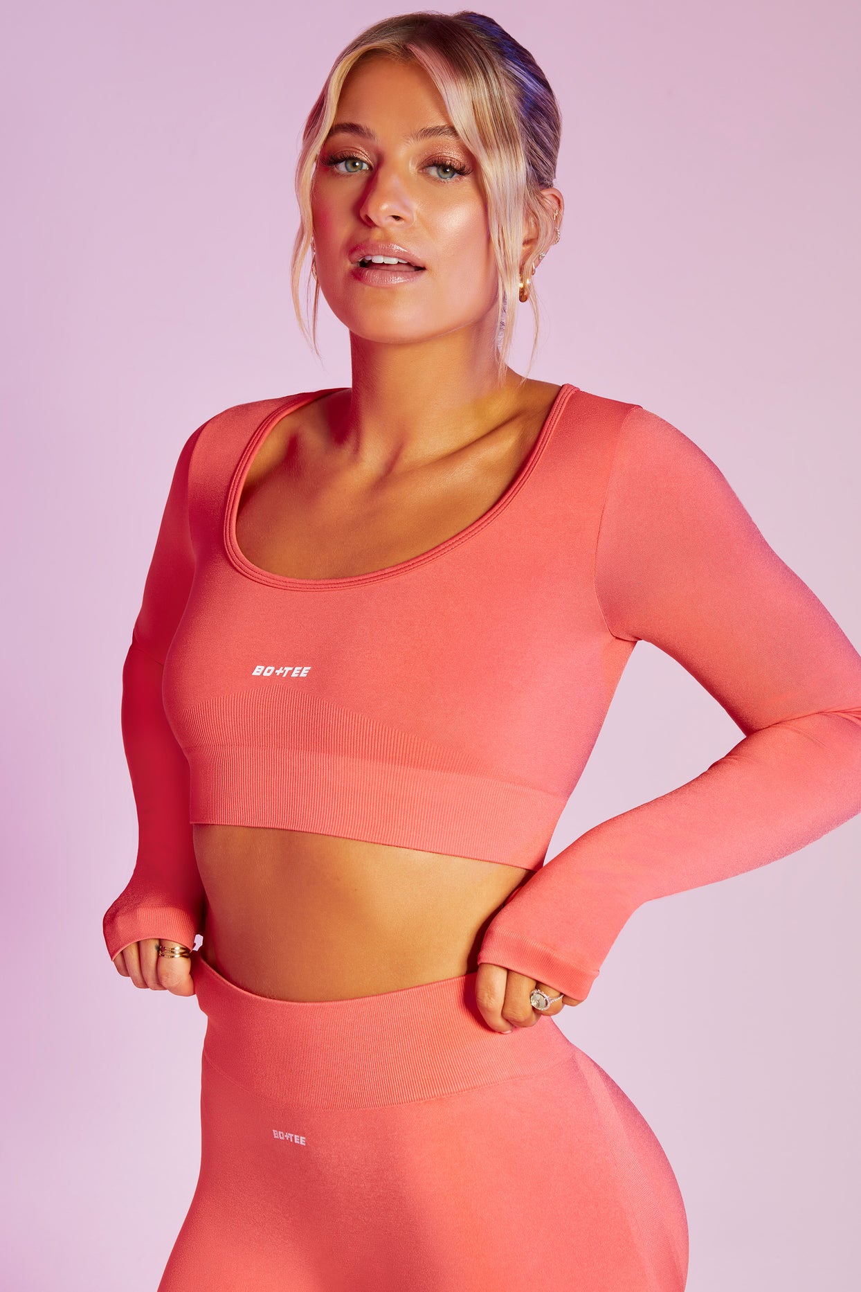 Reignited Seamless Long Sleeve Scoop Neck Crop Top in Coral
