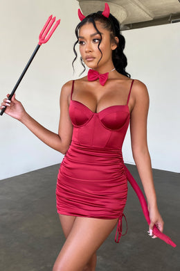 Ruched Asymmetric Satin Mini Dress in Red