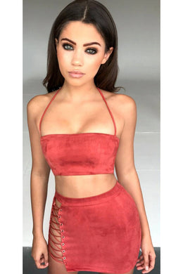 Straight Laced Suede Tie Up Mini Skirt in Brick Red