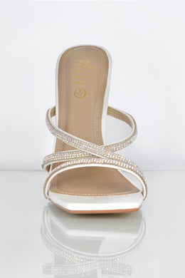 Step Aside Diamante Embellished Mule Heels in White