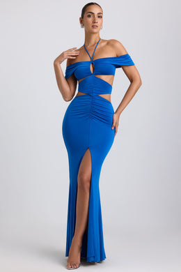 Slinky Jersey Cut-Out Halterneck Gown in Cobalt Blue